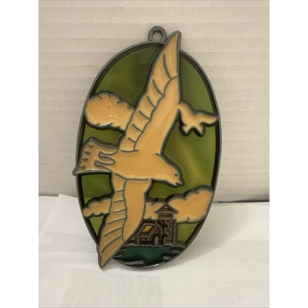 Vintage Metal Coastal Seagull Lighthouse & Sea Sun Catcher Stain Glass
